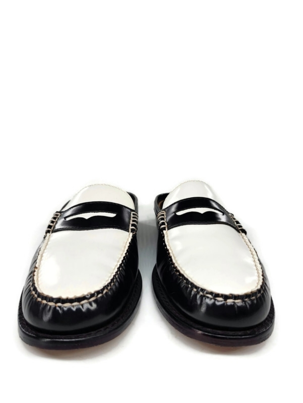 G.H. Bass Weejuns Wynn Black & White Leather Handsewn Slip-On Penny Loafer Mules - Picture 3 of 13